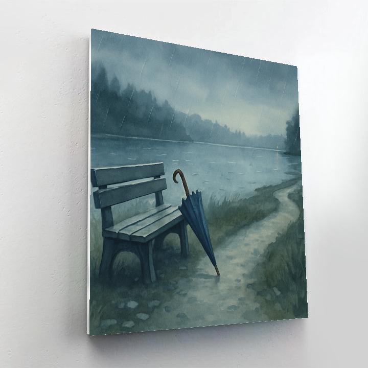 Rainy Blue Hour Lake With Umbrella Path paint by color