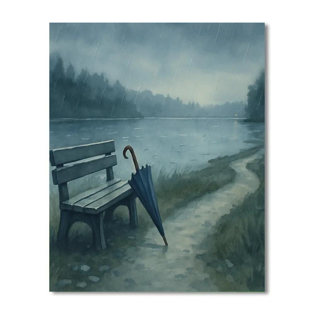 Rainy Blue Hour Lake With Umbrella Path paint by color