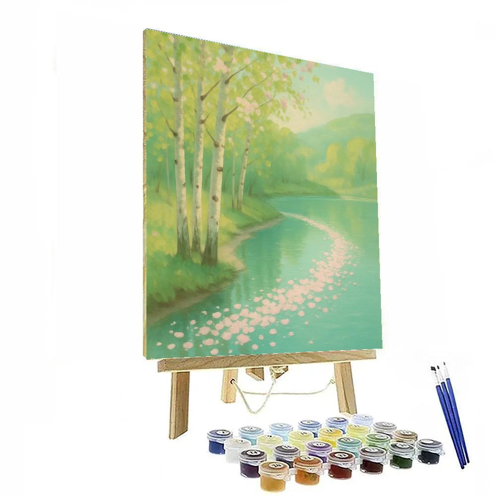Spring Birch Cove With Petals On Glass Water painting number kit
