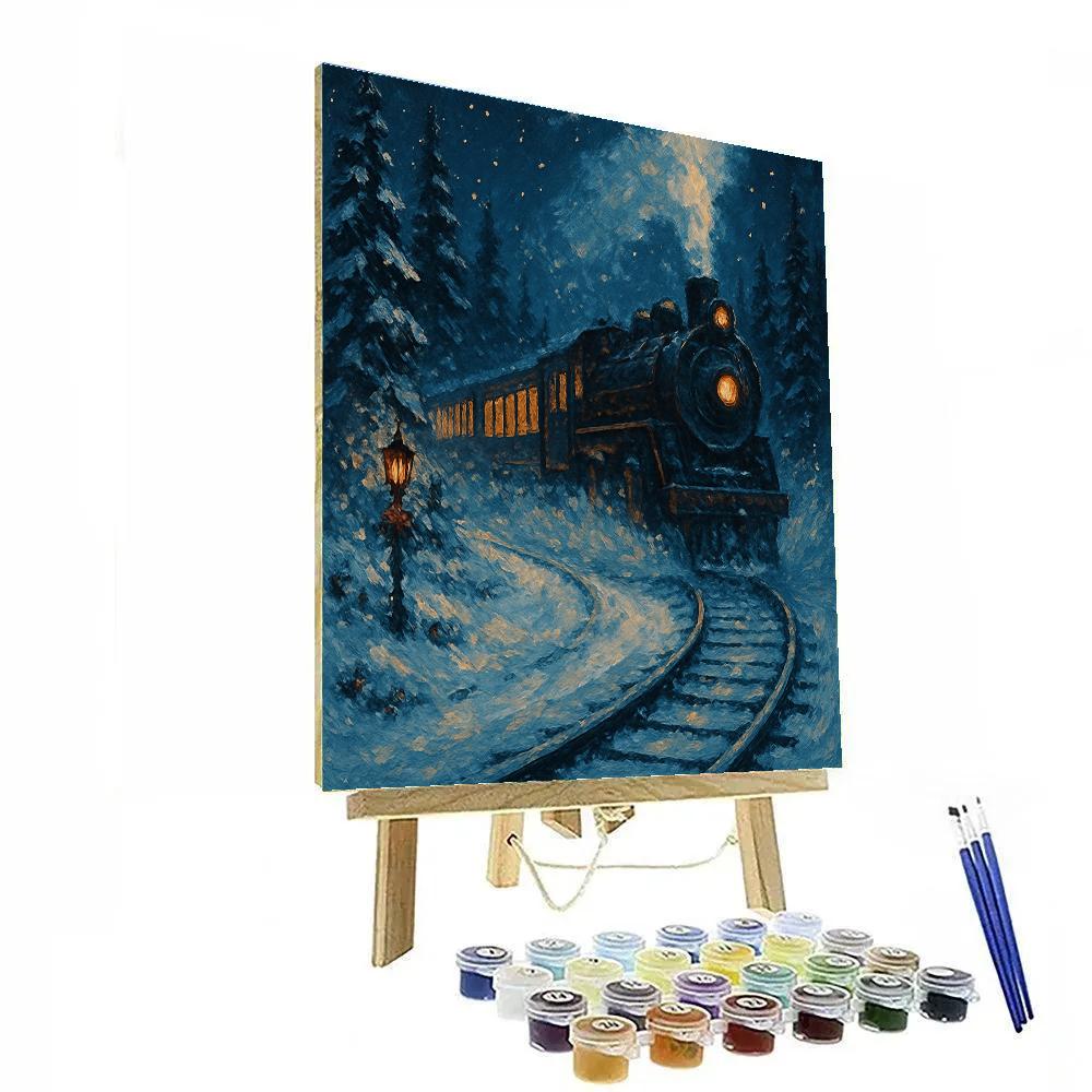 Midnight Train Through Snowy Pines paint by color