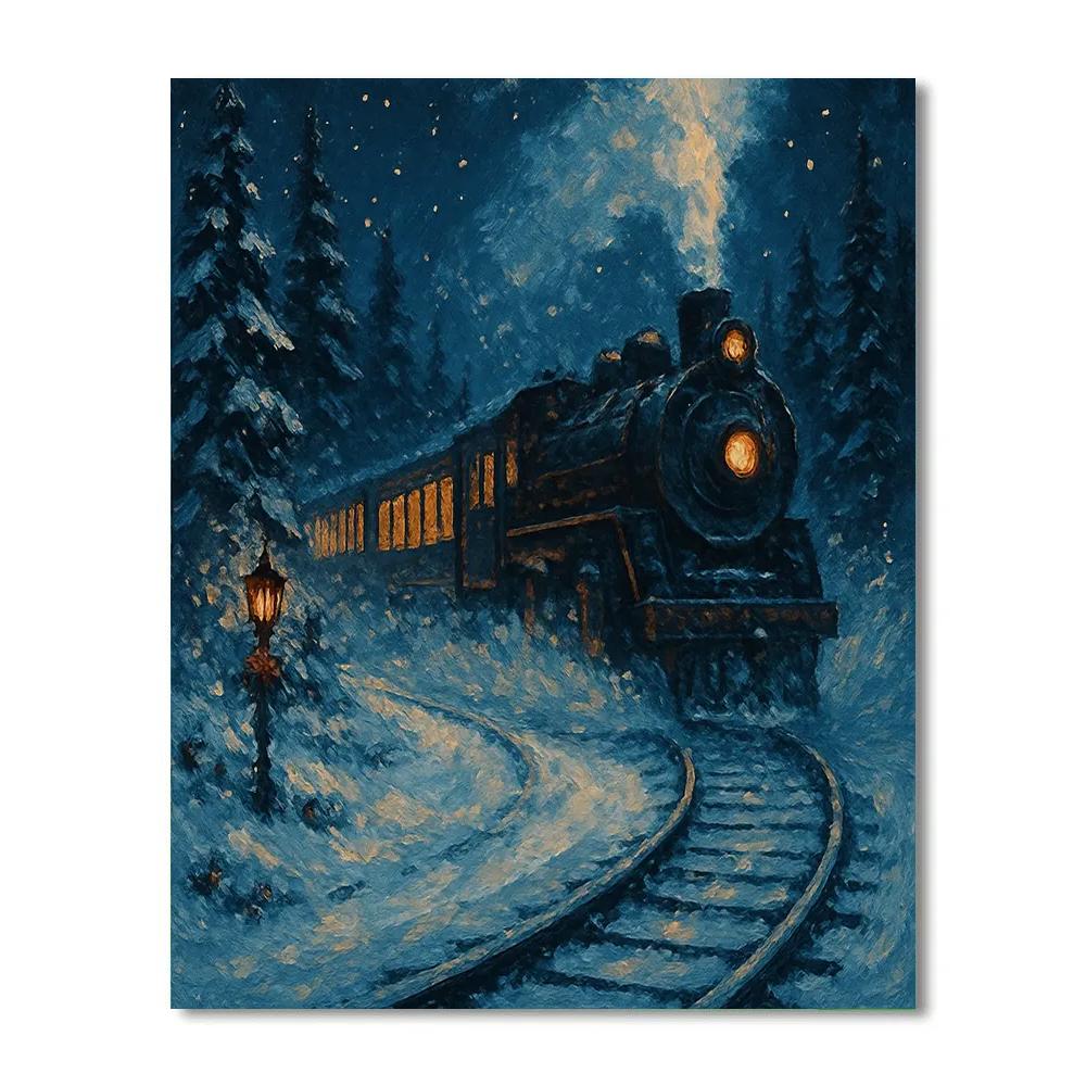 Midnight Train Through Snowy Pines paint by color