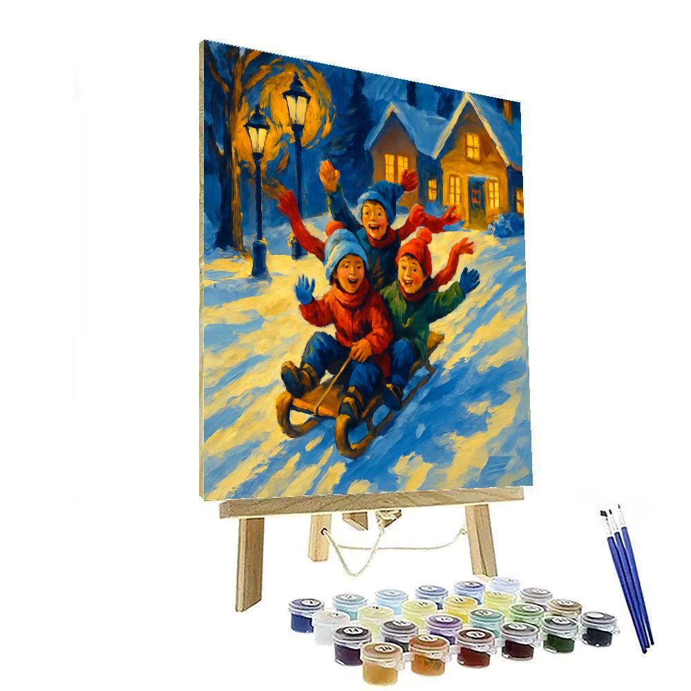 Sledding Under Golden Streetlamps paint by numbers