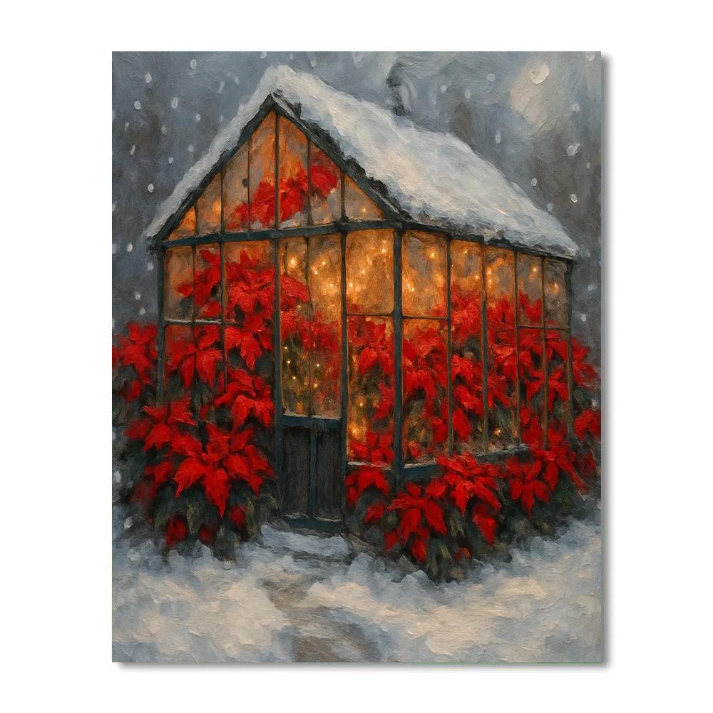 Poinsettia Greenhouse Snowstorm paint by number
