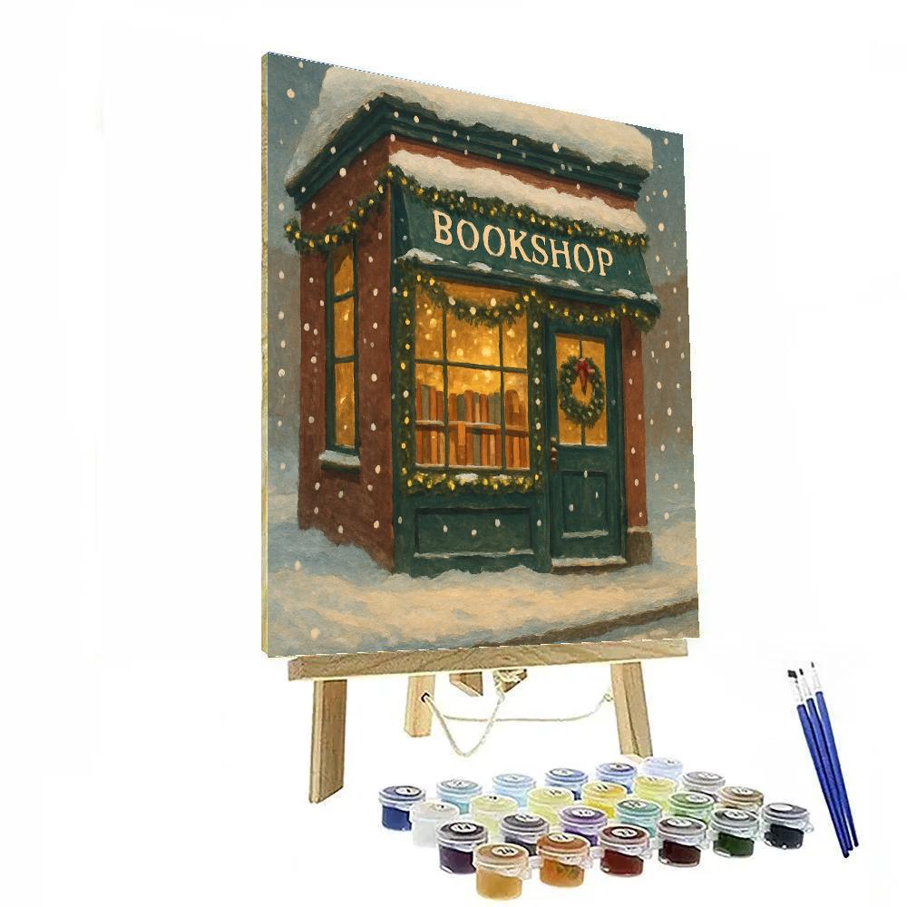 Snowy Bookshop With Warm Window Glow Paint by numbers kits