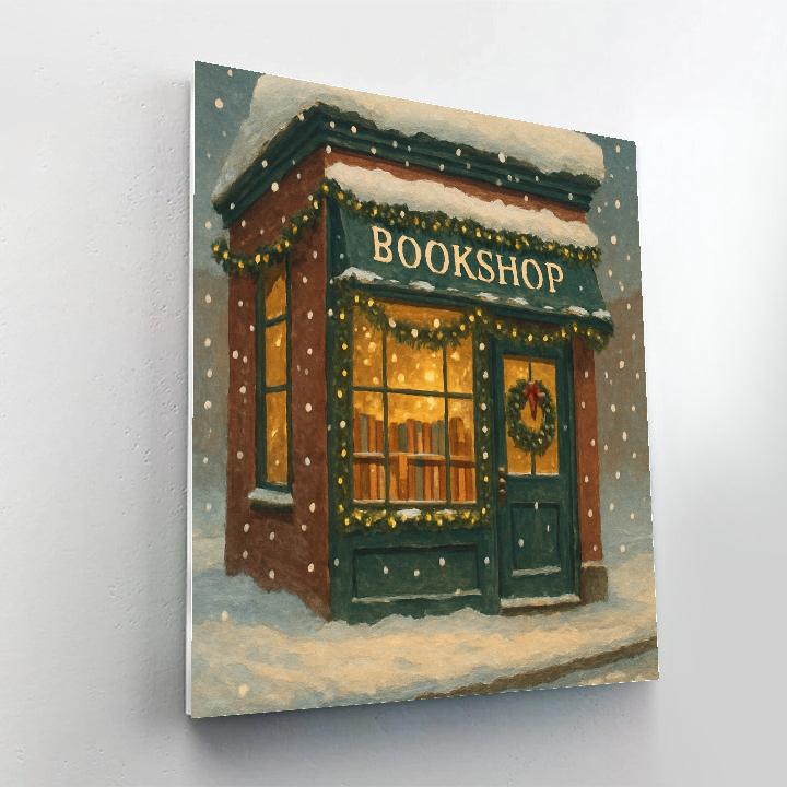 Snowy Bookshop With Warm Window Glow Paint by numbers kits
