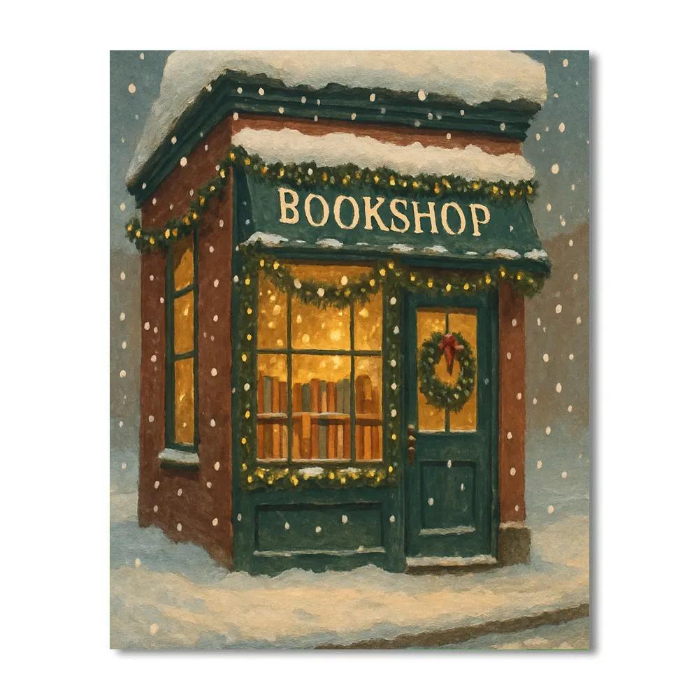Snowy Bookshop With Warm Window Glow Paint by numbers kits