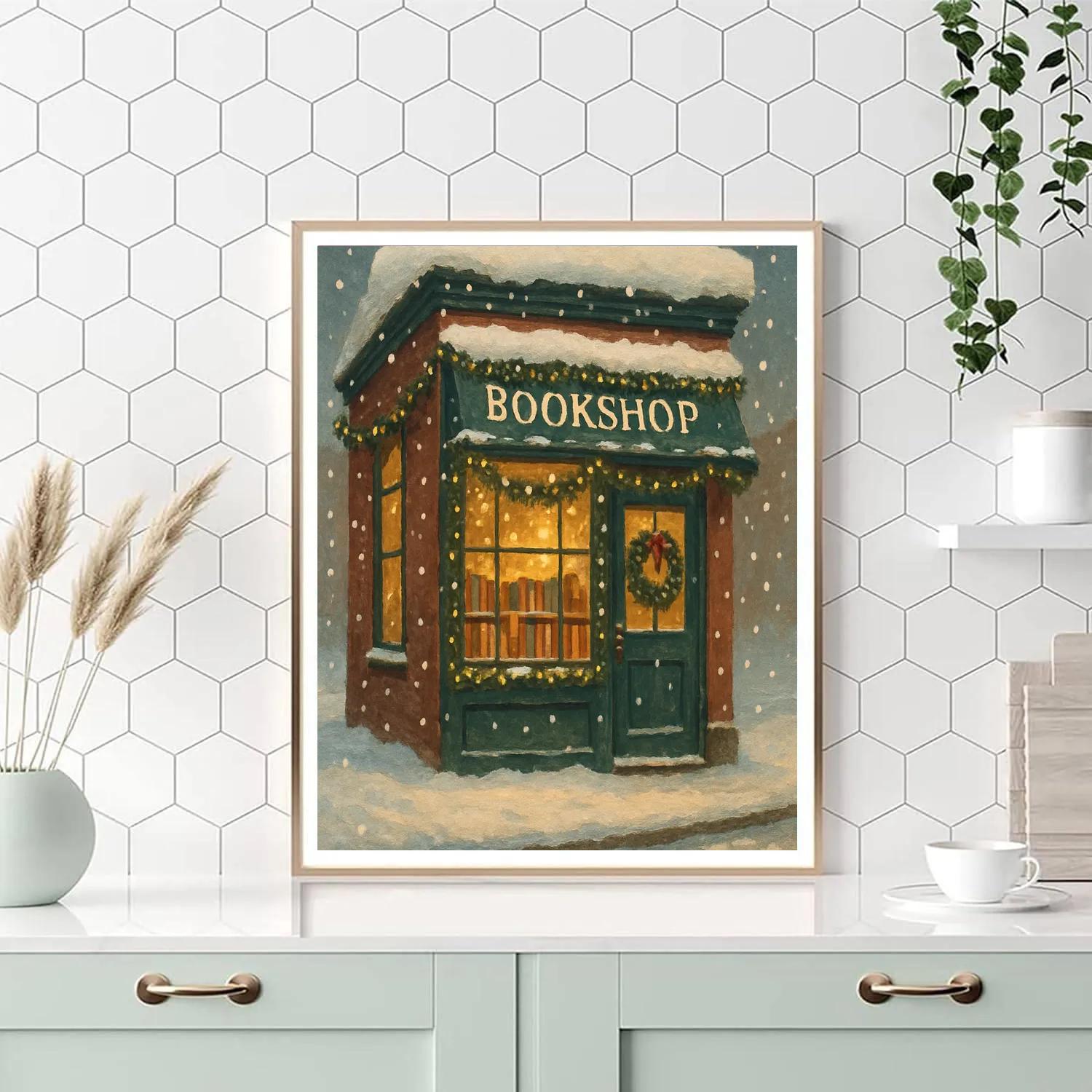 Snowy Bookshop With Warm Window Glow Paint by numbers kits