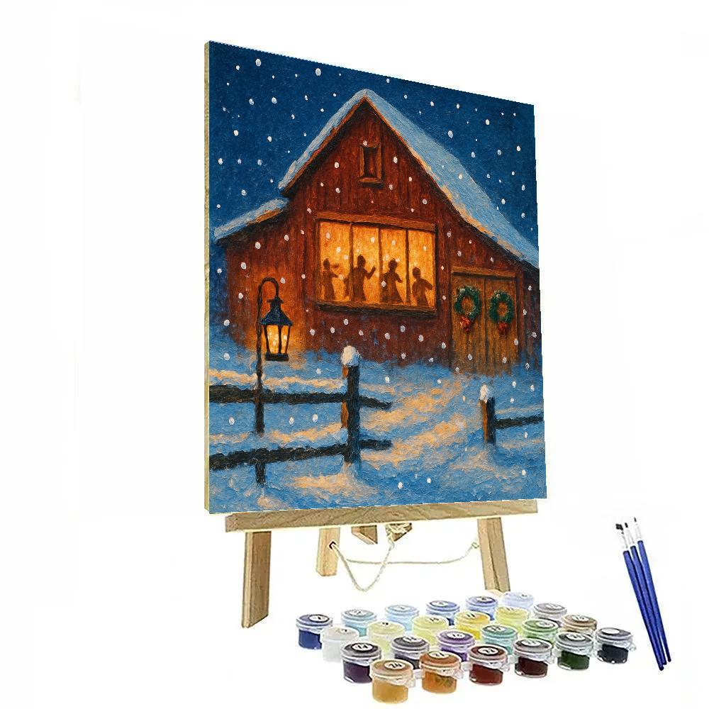 Snowy Barn Dance With Lantern Glow paint by number