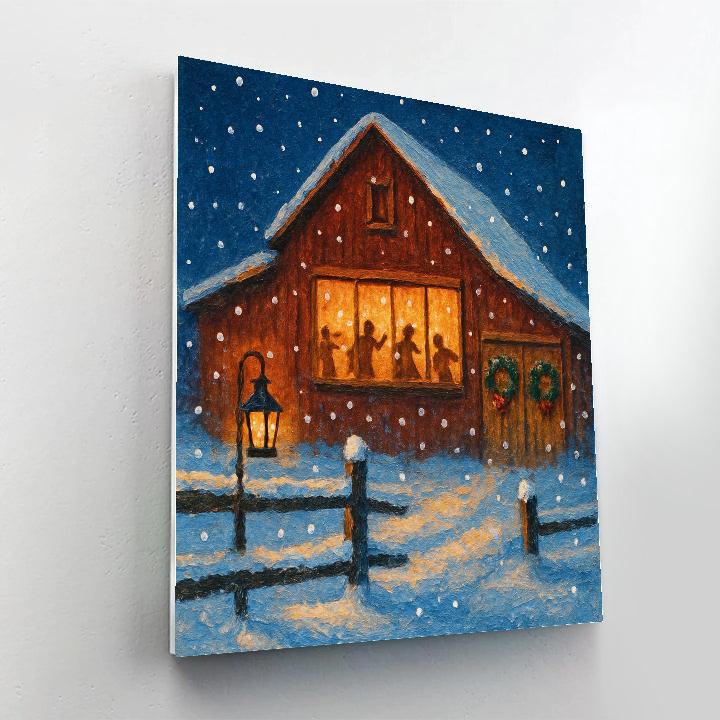 Snowy Barn Dance With Lantern Glow paint by number