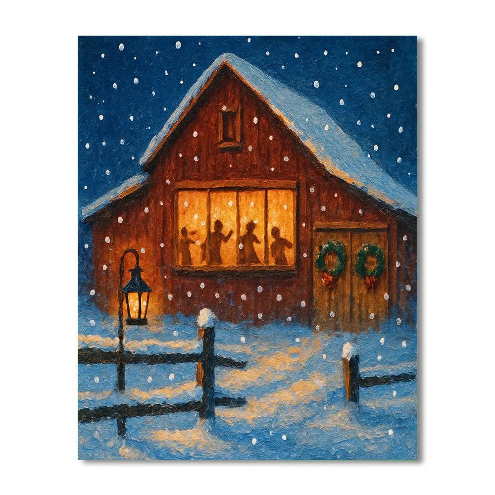 Snowy Barn Dance With Lantern Glow paint by number