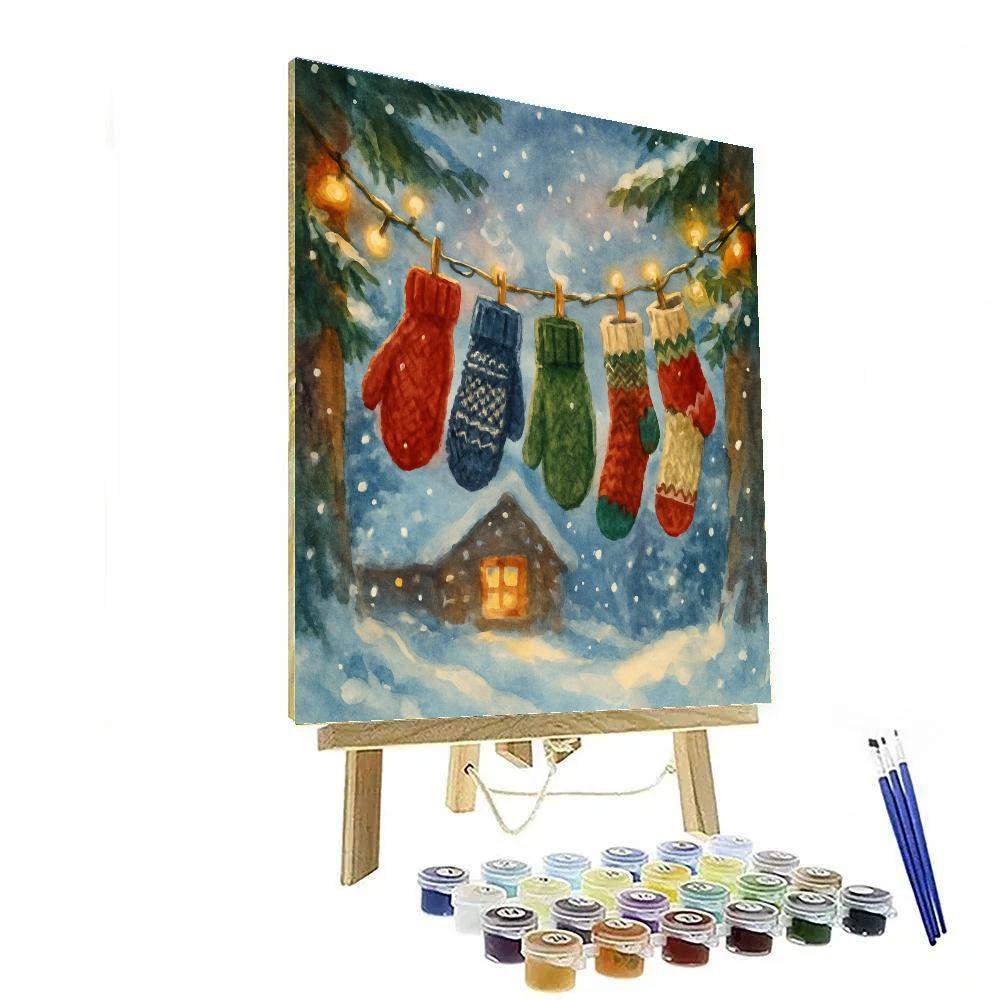 Mittens On Clothesline After Snowfall paint by number