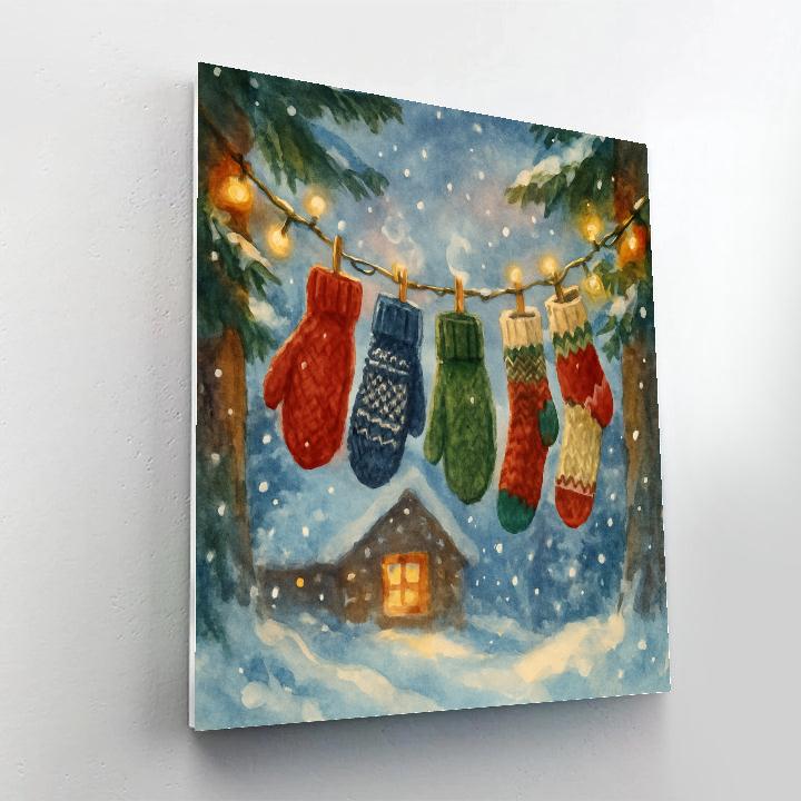 Mittens On Clothesline After Snowfall paint by number
