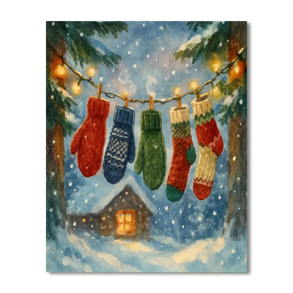 Mittens On Clothesline After Snowfall paint by number