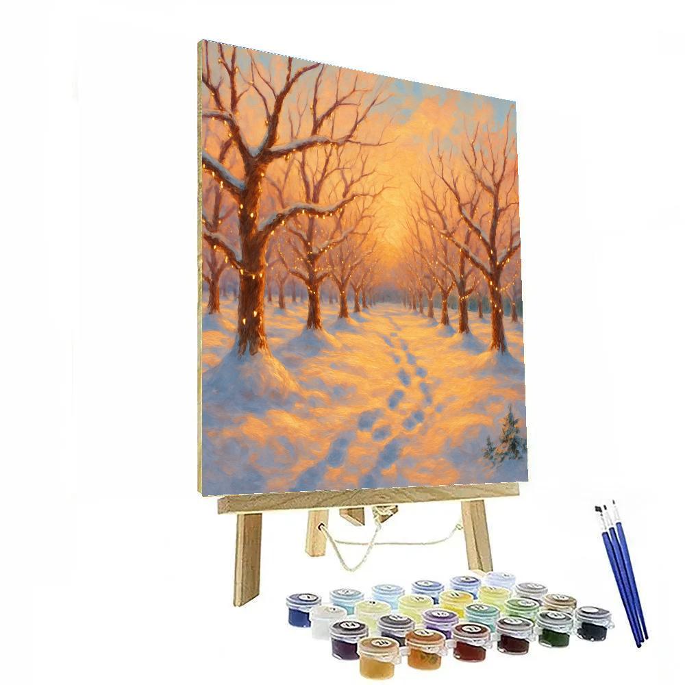 Golden Sunrise Over Snowy Orchard paint by color
