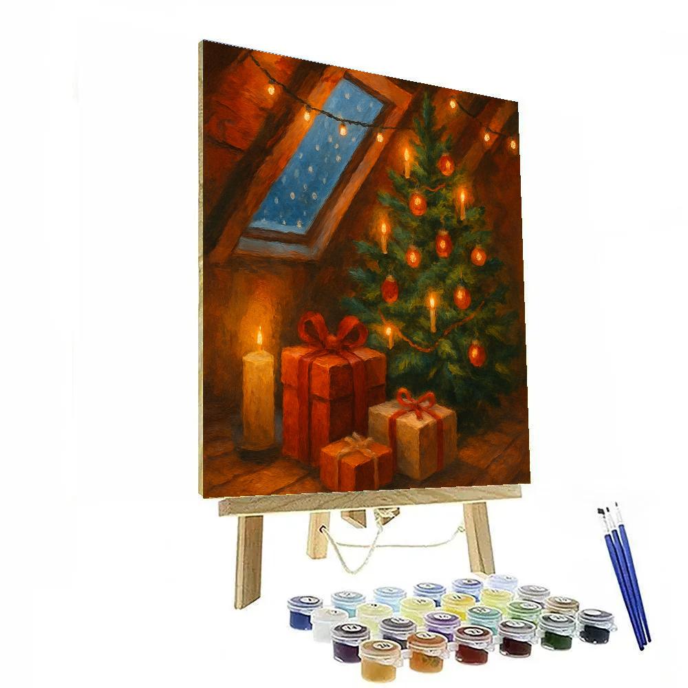 Cozy Attic Tree With Snowy Roof Window paint by number
