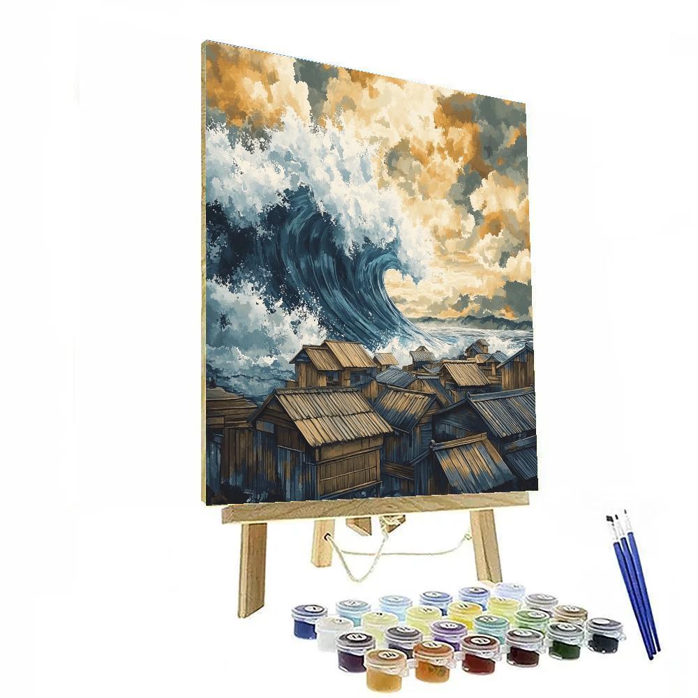 Hokusai Inspired Storm Over Fishing Village Paint by numbers art