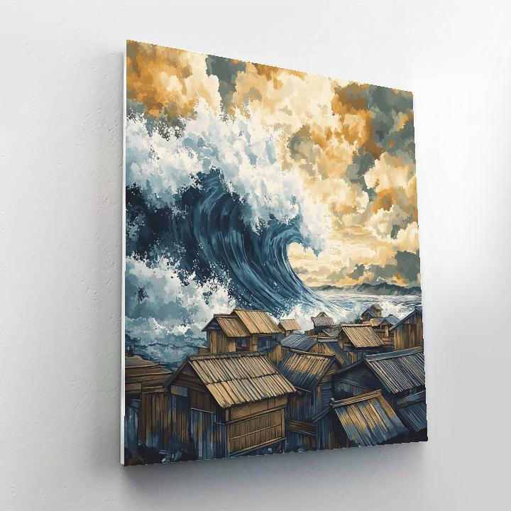 Hokusai Inspired Storm Over Fishing Village Paint by numbers art