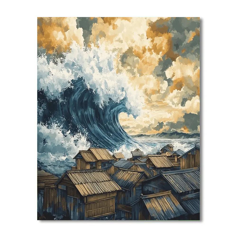 Hokusai Inspired Storm Over Fishing Village Paint by numbers art