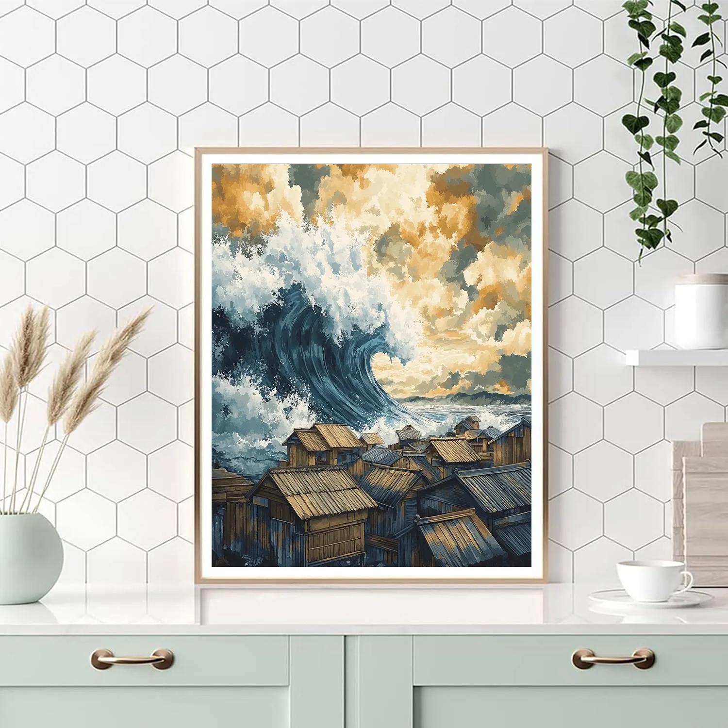 Hokusai Inspired Storm Over Fishing Village Paint by numbers art
