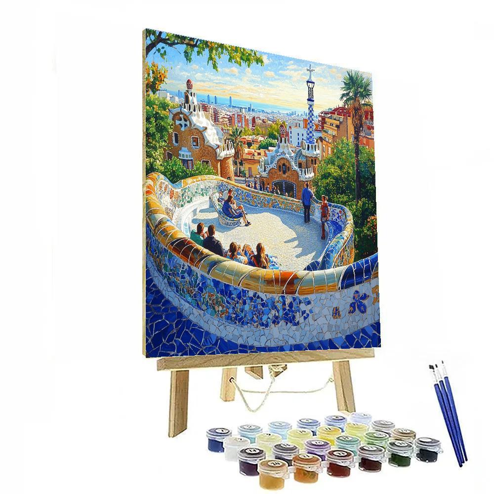 Park Guell Serpentine Bench View In Barcelona Spain paint by color