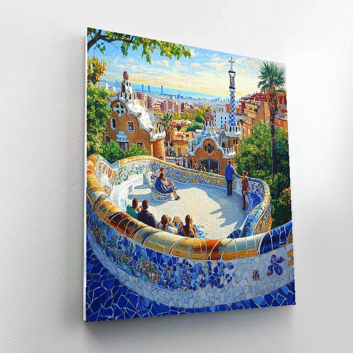 Park Guell Serpentine Bench View In Barcelona Spain paint by color
