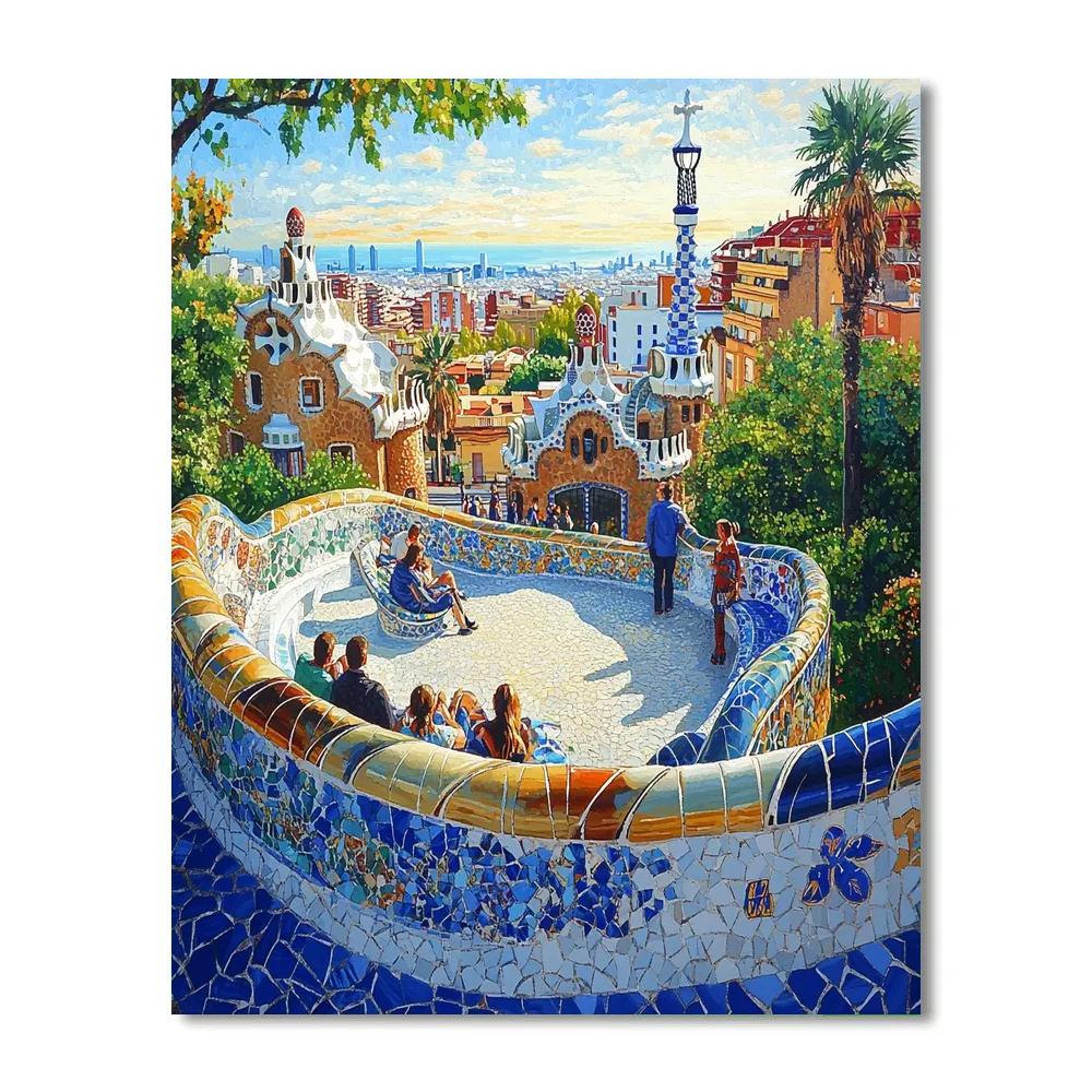 Park Guell Serpentine Bench View In Barcelona Spain paint by color