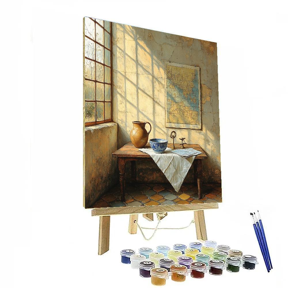 Johannes Vermeer Inspired Sunbeam Prism Through Leaded Glass Over Still Life DIY paint by numbers