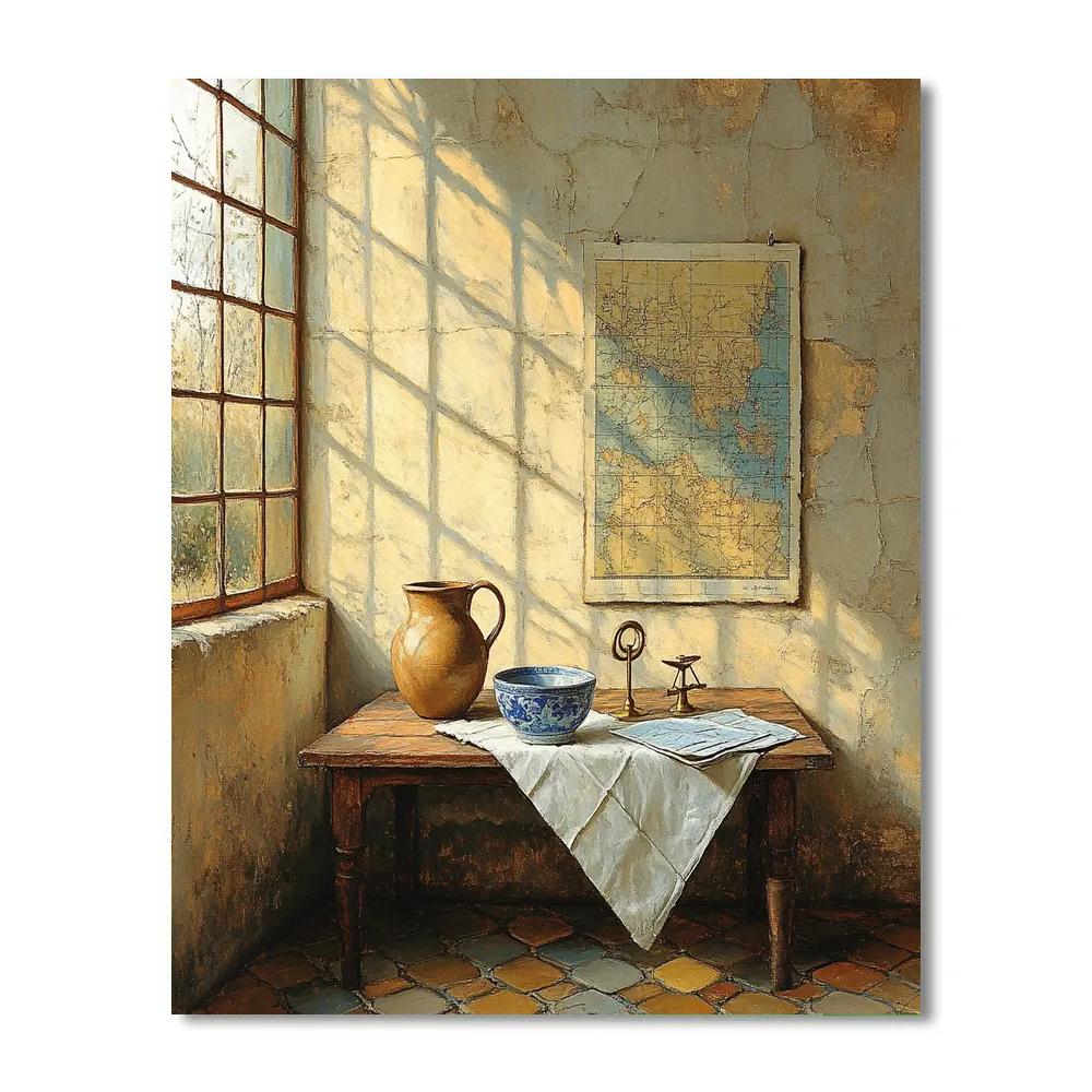 Johannes Vermeer Inspired Sunbeam Prism Through Leaded Glass Over Still Life DIY paint by numbers