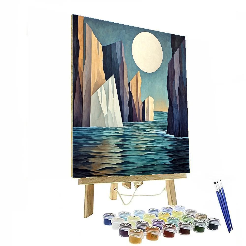 Pablo Picasso Inspired Geometric Coastal Cliffs Under A Fragmented Moon paint by color