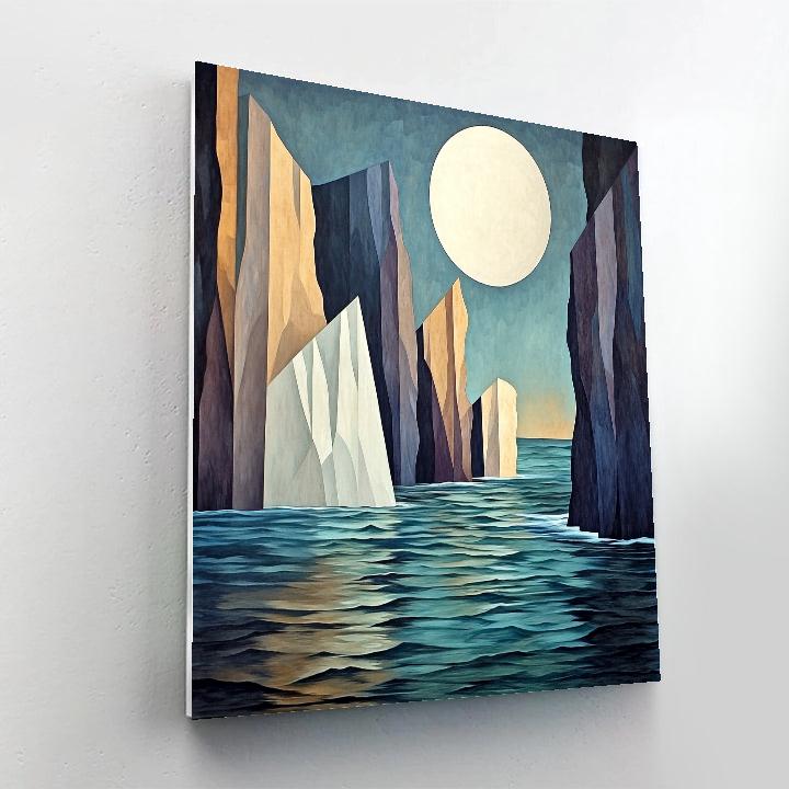 Pablo Picasso Inspired Geometric Coastal Cliffs Under A Fragmented Moon paint by color