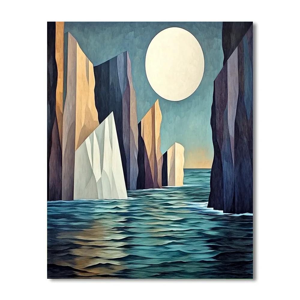 Pablo Picasso Inspired Geometric Coastal Cliffs Under A Fragmented Moon paint by color