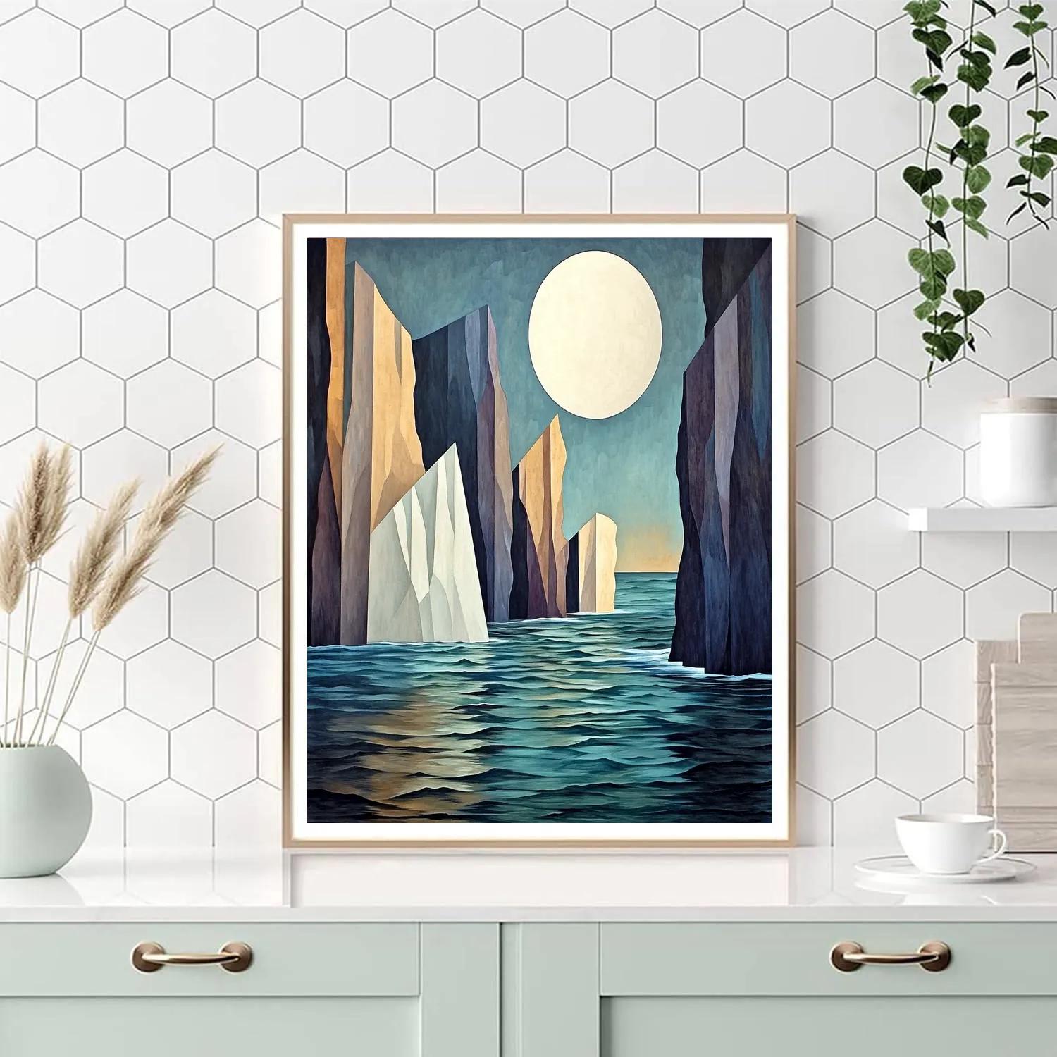 Pablo Picasso Inspired Geometric Coastal Cliffs Under A Fragmented Moon paint by color