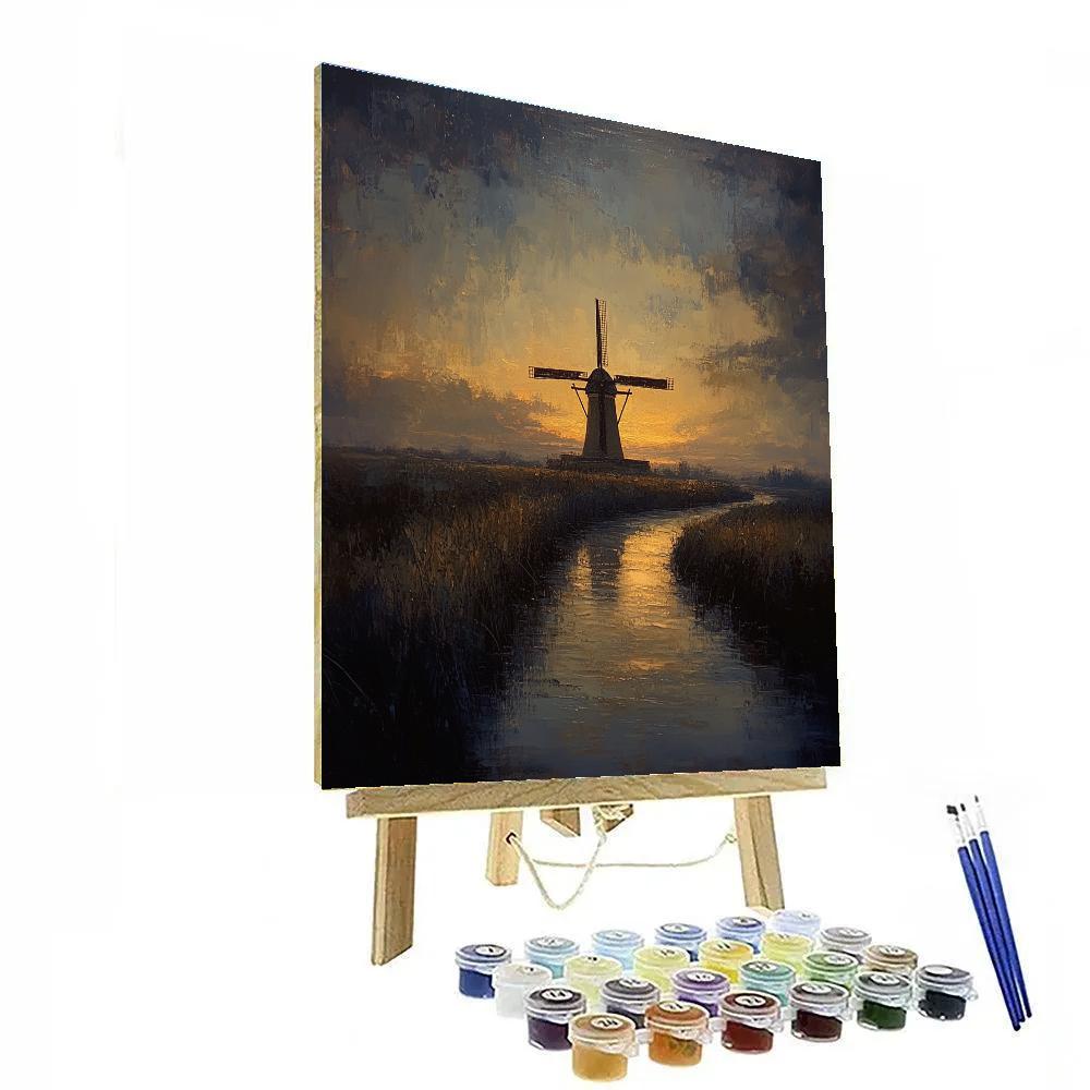 Rembrandt Inspired Twilight Windmill Silhouette On Dike Painting by numbers kit