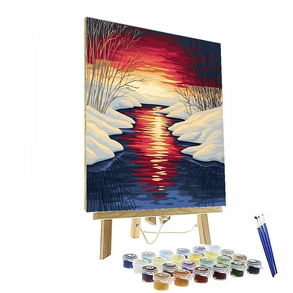 Claude Monet Inspired Winter Pond With Crimson Sunset Reflections Paint by numbers kits