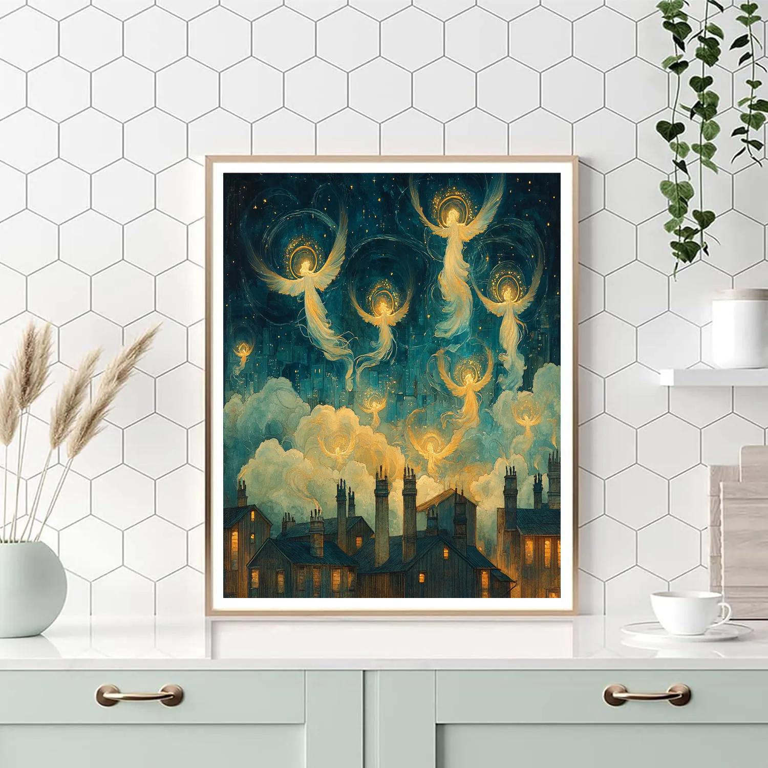 William Blake Inspired Angels Over City Rooftops DIY paint by numbers