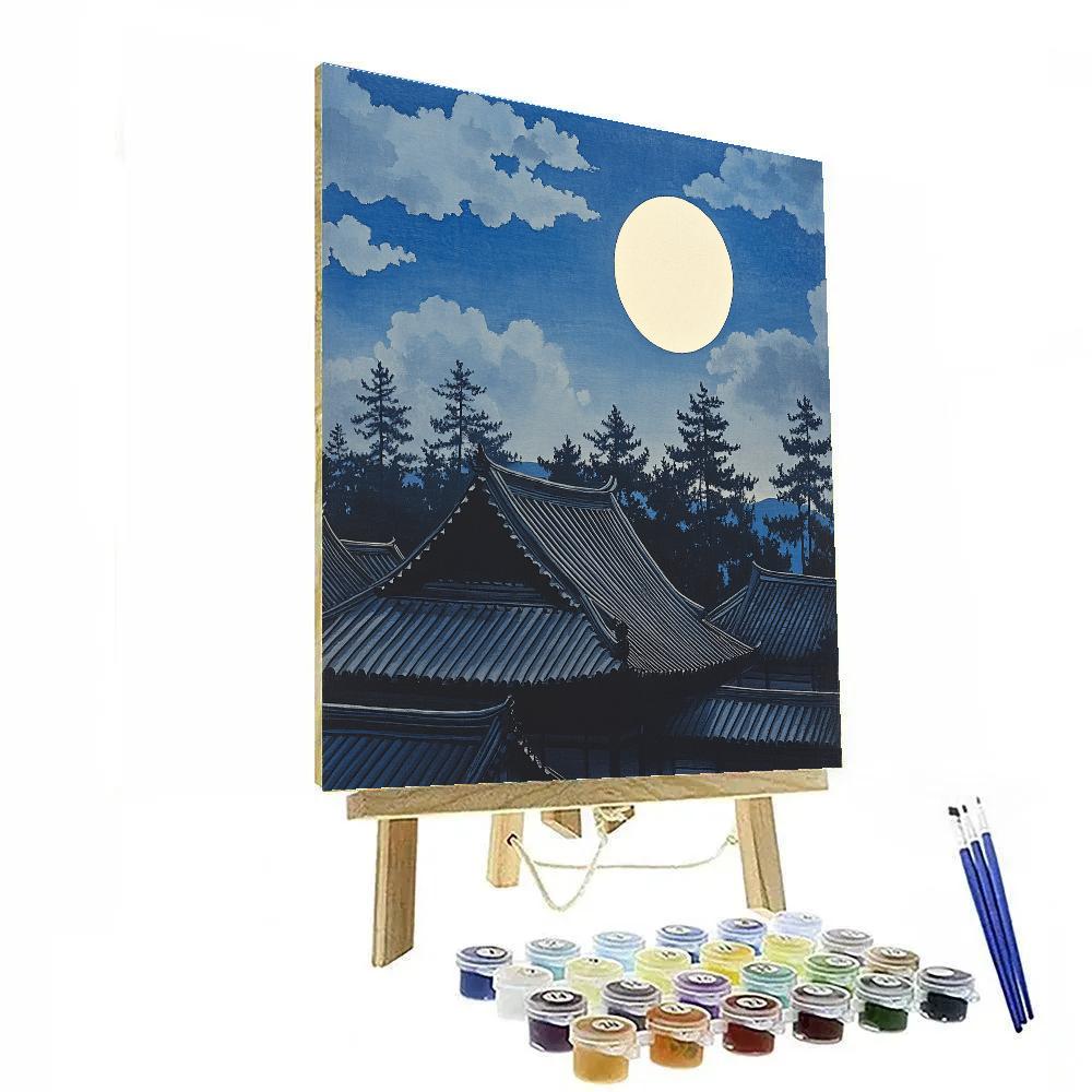 Hokusai Inspired Moon Over Temple Roofs Paint by numbers art