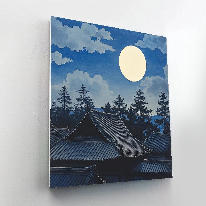 Hokusai Inspired Moon Over Temple Roofs Paint by numbers art