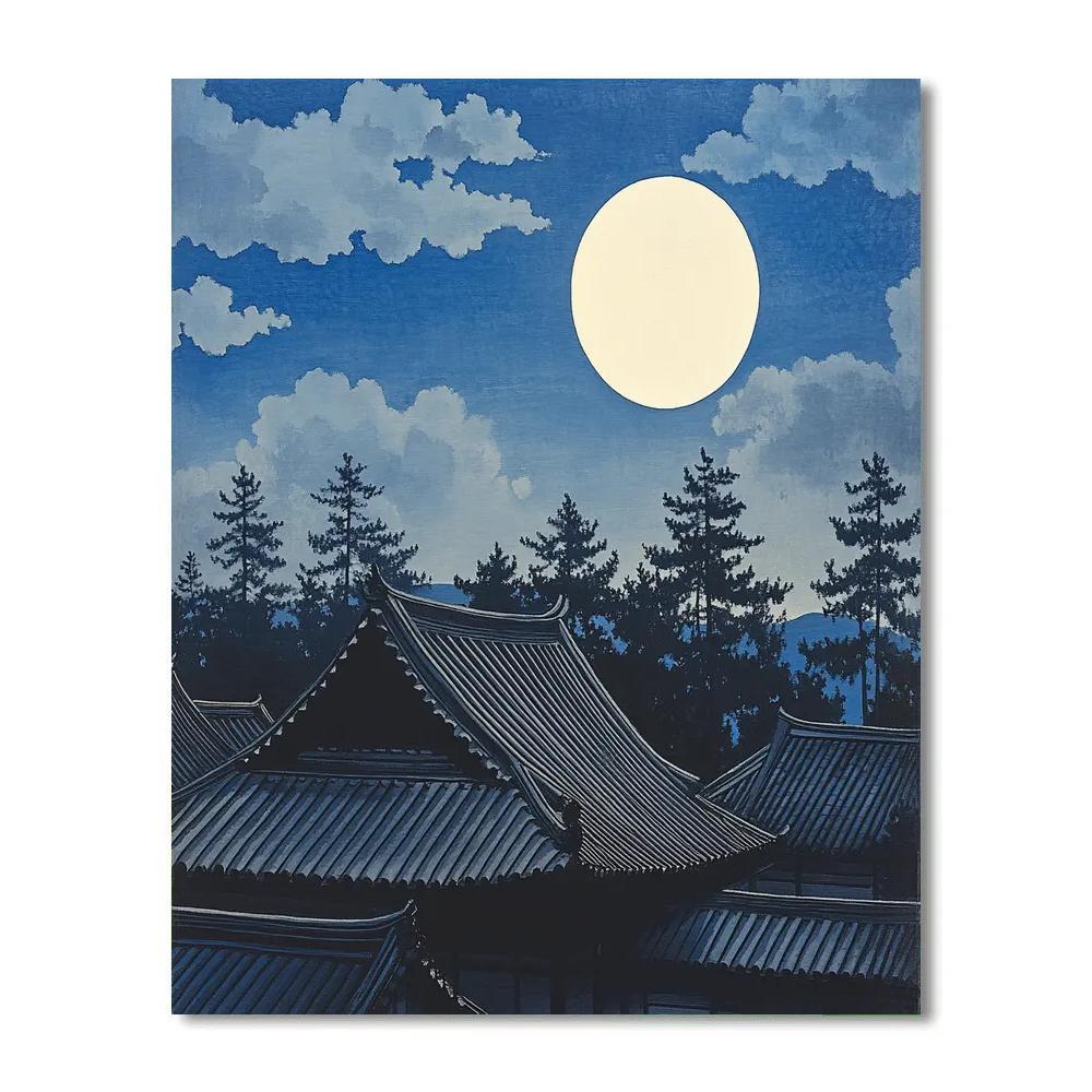 Hokusai Inspired Moon Over Temple Roofs Paint by numbers art