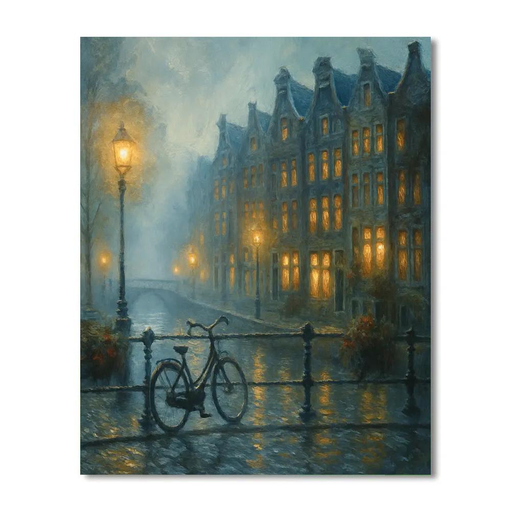 Lantern Mist Over The Riverside Rowhouses paint by number