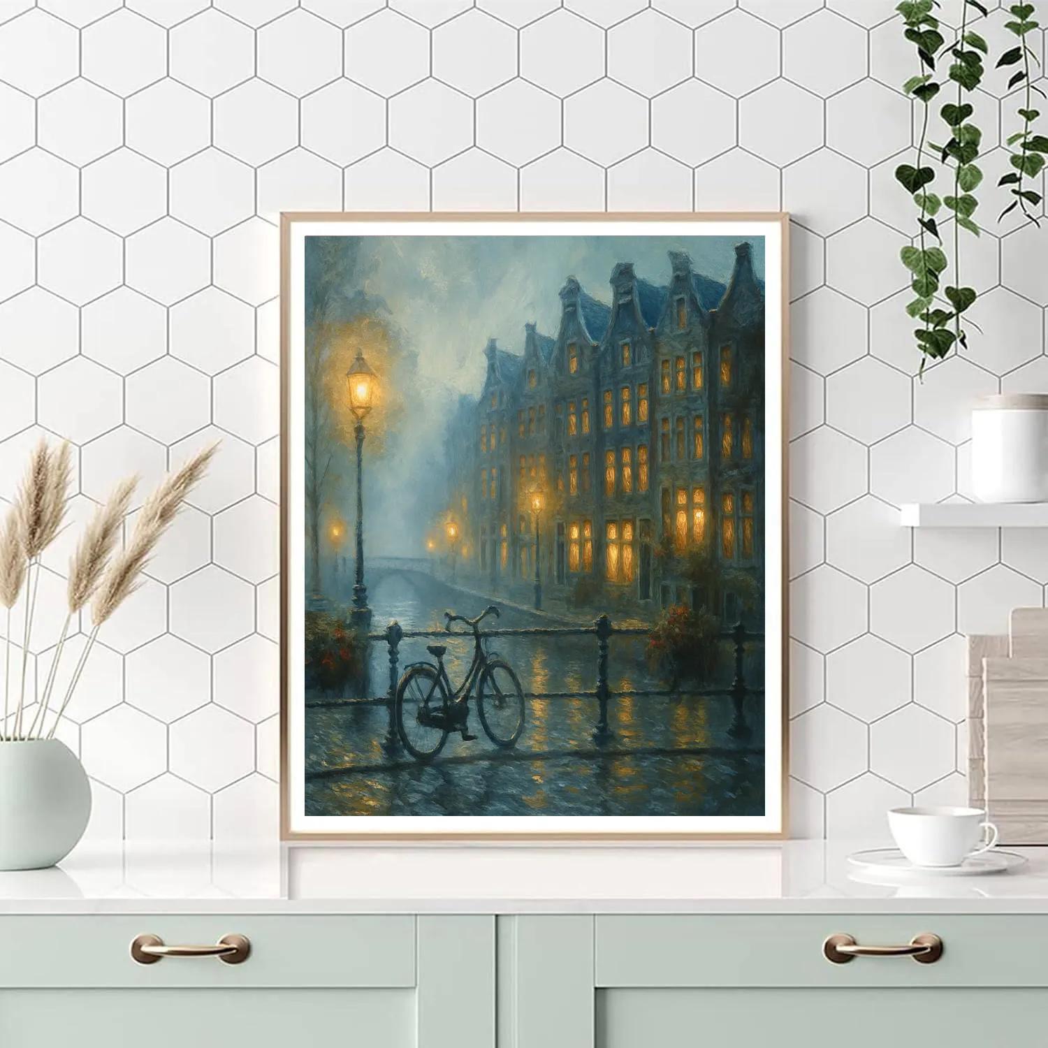 Lantern Mist Over The Riverside Rowhouses paint by number