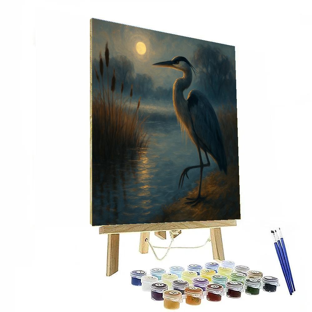 Moonlit Heron On The Quiet Marsh Bend Number painting