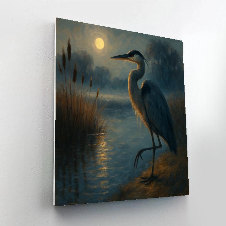 Moonlit Heron On The Quiet Marsh Bend Number painting