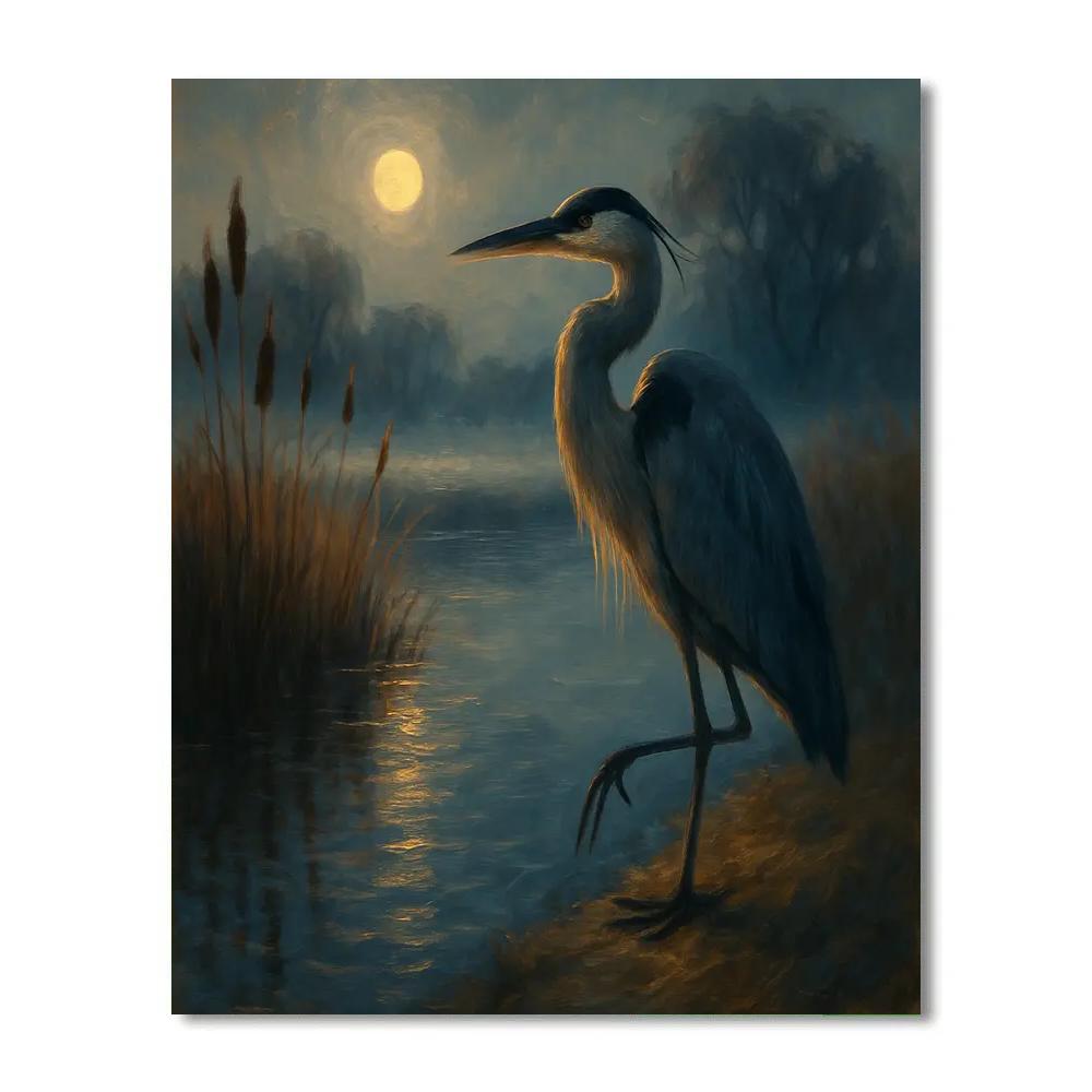 Moonlit Heron On The Quiet Marsh Bend Number painting
