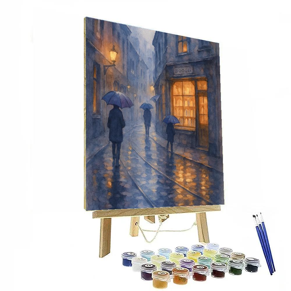 Midnight Bookshop Glow On The Rainy Backstreet paint by number