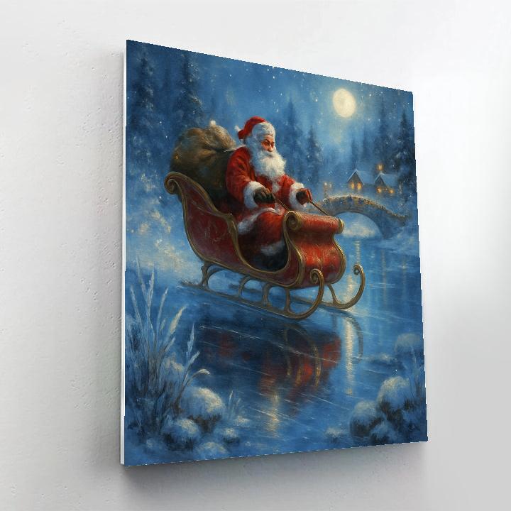 Santa Sleigh Skimming The Frozen River Mirror Painting by numbers kit
