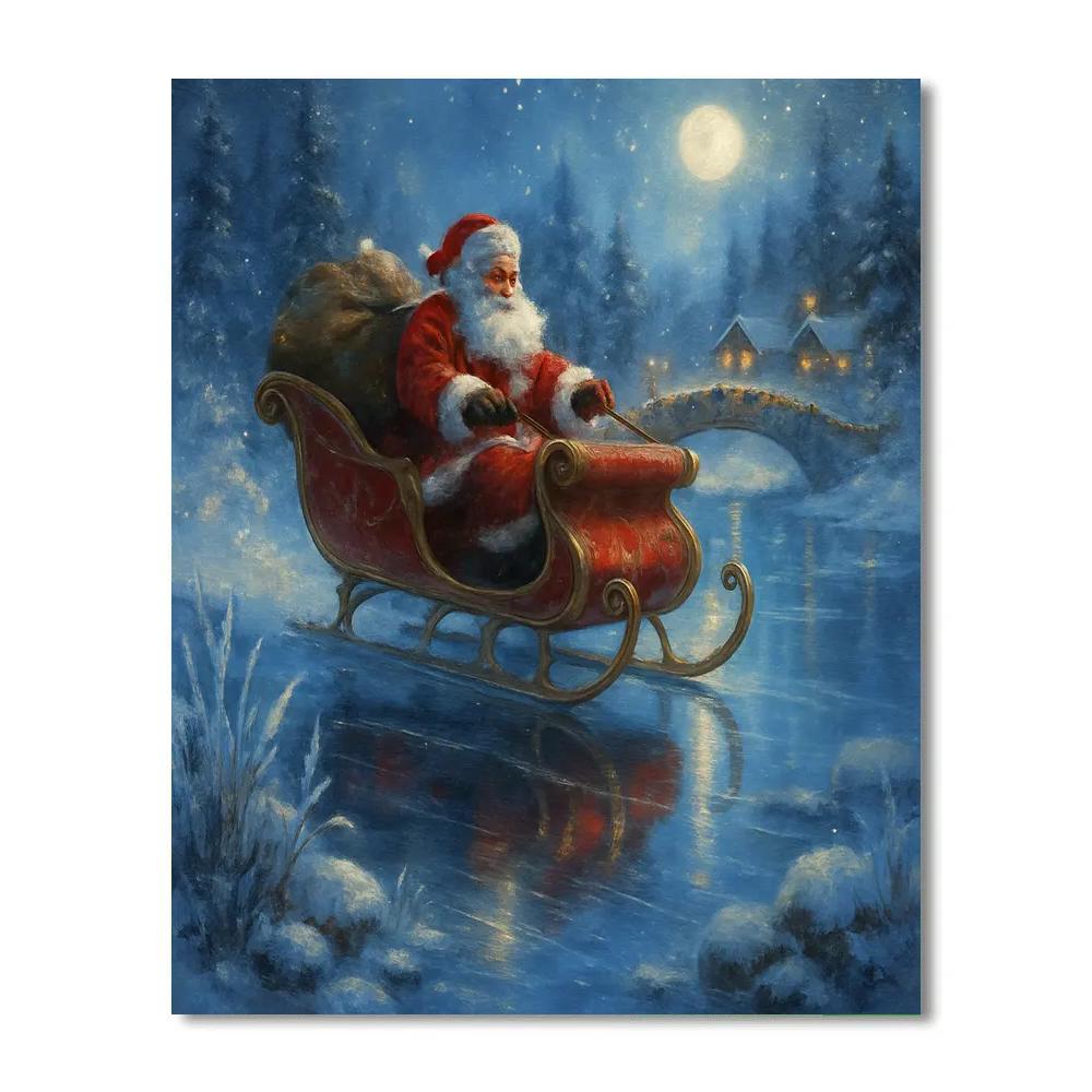 Santa Sleigh Skimming The Frozen River Mirror Painting by numbers kit