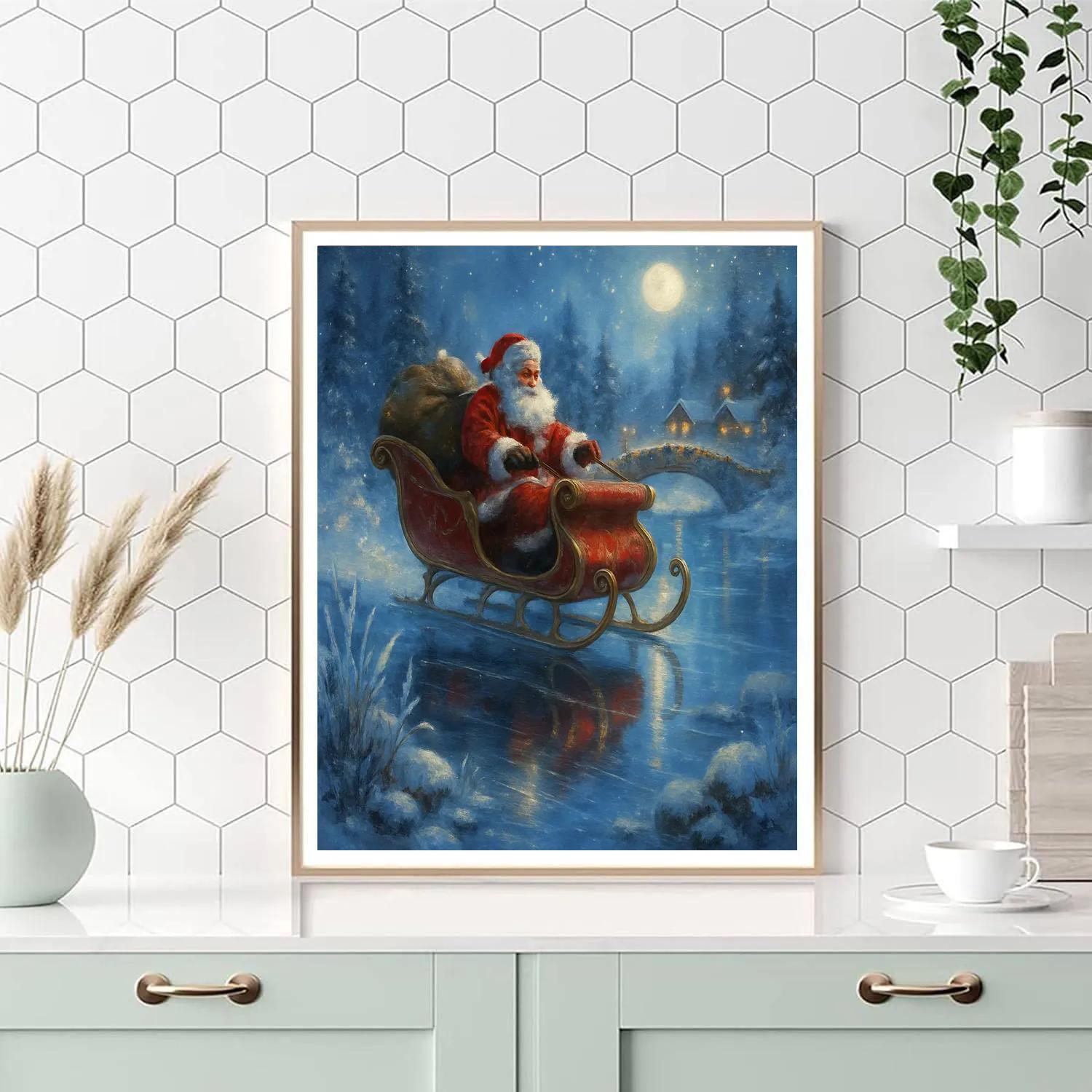Santa Sleigh Skimming The Frozen River Mirror Painting by numbers kit