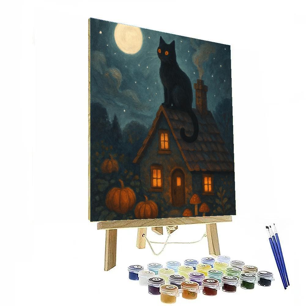 Black Cat On The Glimmering Rooftiles paint by color