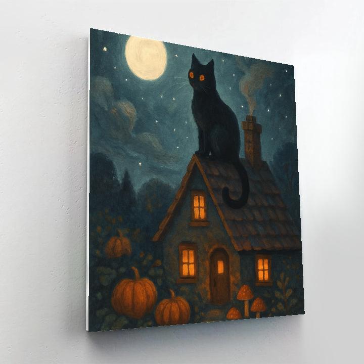 Black Cat On The Glimmering Rooftiles paint by color