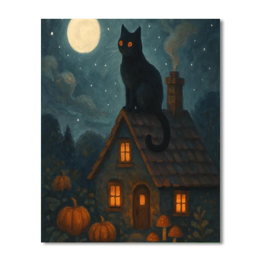Black Cat On The Glimmering Rooftiles paint by color